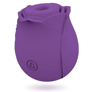 Mia Rose Lufttrycksstimulator är en lila, rosformad sexleksak med en slät yta och en liten knapp med en vattendroppesymbol, elegant designad som klitorisstimulans.