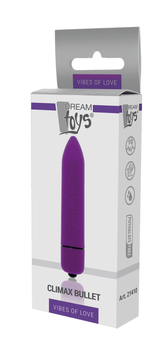 Climax Bulletvibrator, som visar varumärket Dream Toys, erbjuder imponerande vibrationsfunktioner och kommer i en lila låda.