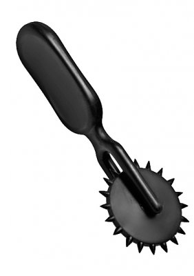 ABS svarta spikar, Mini Pinwheel Lil Devil, har en spikad hjuldesign och ergonomiskt handtag, mot en vit bakgrund.
