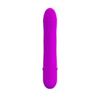 Pretty Love Beck är en lila cylindrisk vibrator med en rundad spets och texturerade spår nära den övre delen.