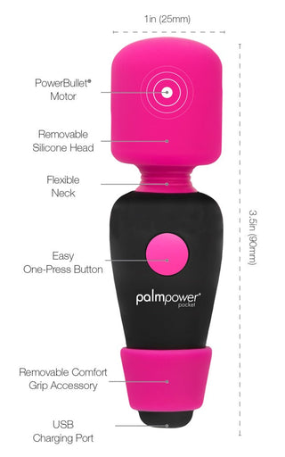 Palm Power Pocket Wand, en kompakt rosa och svart personlig massageapparat, inkluderar ett flexibelt huvud och märkta funktioner som flera vibrationslägen och en USB-laddningsport.