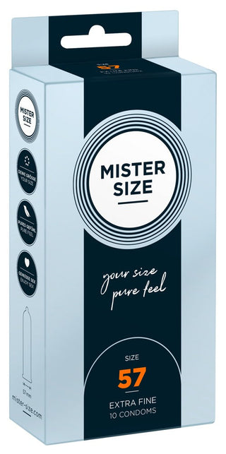 Mister Size Kondomer-paketet har en blå låda med "din storlek ren känsla" och "storlek 57" på framsidan, innehållande 10 extra fina kondomer i premiumkvalitet för en naturlig känsla.
