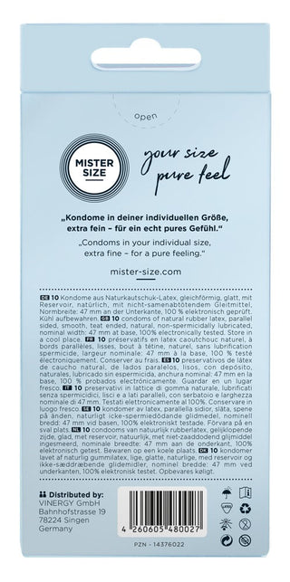 Baksidan av Mister Size Kondomer-paketet har en ljusblå design med flerspråkig text som framhäver premiumkvalitet (premiumkvalitet) och olika storlekar (olika storlekar) för ökad komfort. Öppningsinstruktioner finns längst upp.