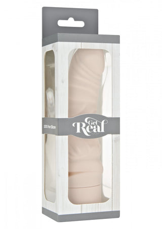 En rektangulär låda med ett genomskinligt fönster visar upp en beige Get Real Mini Dildovibrator. Förpackningen har varumärket "Get Real" och har en minimal design med grå accenter.