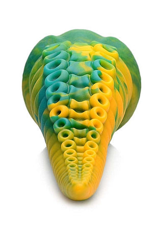 Denna livfulla, texturerade Monstropus Tentacled Silikon Dildo visar upp gröna, gula och blå virvlar som efterliknar de fascinerande spolarna hos en tentakelform som spiralerar in i en kon.