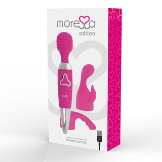 Moressa Odilon - Premium Wand 25 cm kommer med en rosa stavvibrator, tillbehör och en USB-kabel.