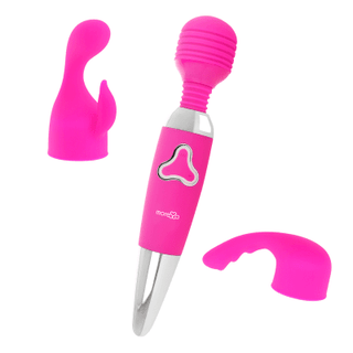 Rosa Moressa Odilon - Premium Wand 25 cm med två utbytbara fästen och flera vibrationsinställningar på vit bakgrund.