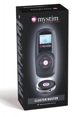 Mystim Cluster Buster-förpackningen har en elegant design som betonar dess avancerade stimuleringsprogram och inkluderar en fjärrstyrd mottagare för sömlös drift.