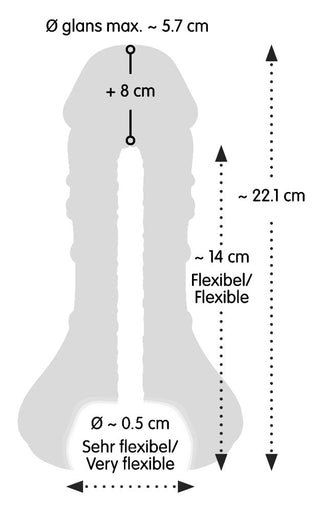 Diagram av en Penisförlängare / Vagina - 2 i 1, visar mått: längd 22,1 cm, flexibilitet 14 cm och max diameter 5,7 cm.