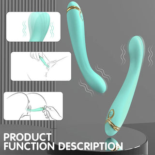 G-punktsvibrator i blågrön silikon med guldfärgade detaljer, slät design, vattentät, för invärtes och utvärtes bruk.