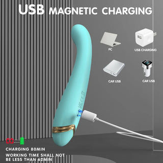 G-Punkt vibrator i blå silikon med böjd design, visas med medföljande magnetisk USB-laddningskabel.