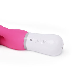 Lovense Nora är en rosa och vit handhållen massageapparat med kontrollknappar på handtaget, som ger G-punkt och klitoris stimulering genom appstyrd rabbitvibrator-teknologi.