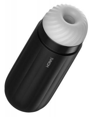 Svakom Sam Neo Masturbator är en elegant svart cylinder med en vit, strukturerad spiralmönstrad topp. Den erbjuder olika vibrationslägen och kan ansluta till FeelConnect 3-appen för personlig kontroll och interaktion.