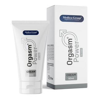 En svart plasttub och matchande låda märkt Orgasm Power Men Intimkräm 50 ml från Medica-Group på en vit bakgrund.