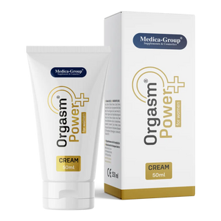 Orgasm Power Women Intimkräm 50 ml, vit tub med röd text och matchande kartongförpackning.