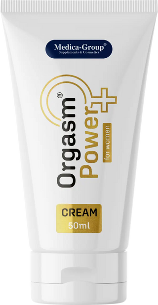 En vit plasttub märkt Orgasm Power Women Intimkräm 50 ml, med enkel svart och rosa textdesign.