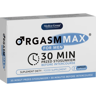 Orgasm Max Kosttillskott Män 2-pack, tabletter i svarta plastburkar med blå etiketter, innehåller macaextrakt.
