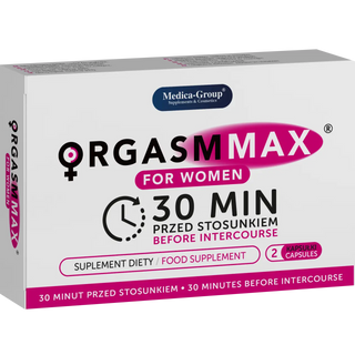 Orgasm Max Women, 2-pack kapslar i en liten plastblisterförpackning med rosa och vit etikett.