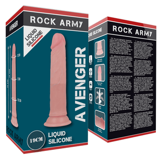 Rockarmy 19 cm Silikon Dildo kommer i kartongförpackning märkt "Avenger" av Rock Army, som framhäver produktdetaljer och dimensioner. Dess eleganta design säkerställer en premiumupplevelse och perfekt passform, vilket garanterar användarnöjdhet.