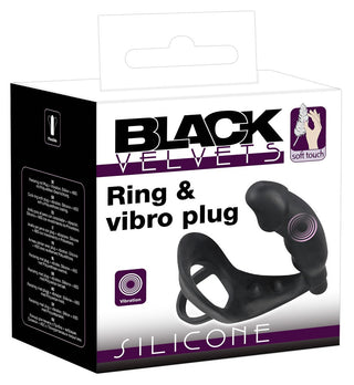 Förpackning för Black Velvets Penisring & Buttplug visar produktbilder och rekommenderar att de kombineras med vattenbaserat glidmedel för ökad komfort.