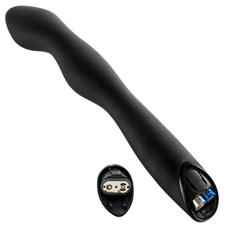 Rebel Prostata Vibrator - P-Spot 23,5 cm är en svart ergonomisk massagestav med en böjd design, idealisk för användning som en silikonprostatavibrator, med en löstagbar laddningsport som visas separat.