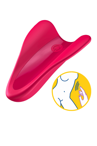 Satisfyer High Fly, en röd böjd personlig massageapparat, inkluderar en strömknapp och användningsgrafik för nacken; designad för delat nöje, denna vattentäta vibrator garanterar mångsidig njutning.