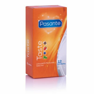 Upptäck den livfulla apelsinlådan med Pasante Taste Condoms - 12 st, med en rad smaksatta varianter för att öka njutningen samtidigt som den erbjuder skydd mot sexuellt överförbara infektioner.