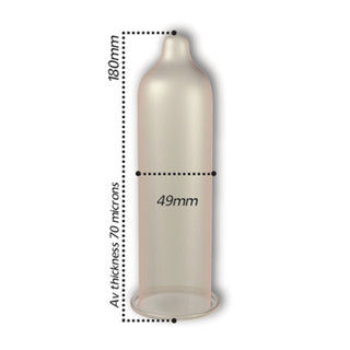 Pasante Trim - 12 st Kondomer är transparenta, med en nära passform med dimensioner på 180 mm i längd, 49 mm i bredd och en tjocklek på 70 mikron.
