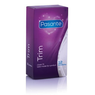 Pasante Trim - 12 st Kondomer i en lila låda erbjuder ett nära passform och komfort, innehållande 12 kondomer.
