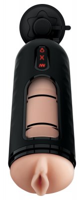 PDX Elite Mega Milker, en svart automatisk masturbator, visar upp en synlig inre hylsa av realistiskt Fanta Flesh och är designad med enkla kontrollknappar för en förbättrad upplevelse.