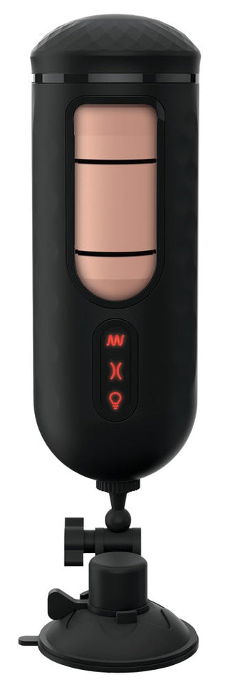 PDX Elite Mega Milker är en elegant svart cylinder med en transparent sektion som avslöjar dess inre komponenter, alla monterade på en robust sugbas.