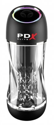 PDX ViewTube Pro är en transparent cylindrisk onanator med svarta accenter, med PDX Elite-logotypen på toppen, och använder innovativ sugkraft för en förbättrad upplevelse.