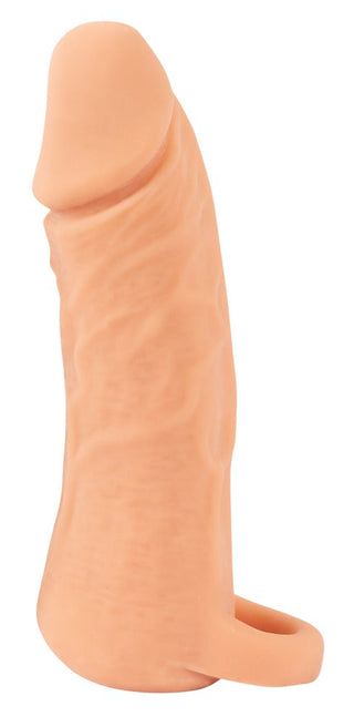 2in1Extension + Masturbator är en silikonfodral designad för penisförlängning, med en strukturerad yta och naturlig hudton. Tillverkad av Nature Skin-material, den har en öppen ring vid basen för extra komfort.