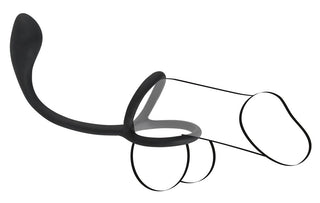 Siluett av en gummileksak formad som en tecknad pinnefigur på vit bakgrund, som påminner om den lekfulla "Penis & Pungring Med Buttplug".