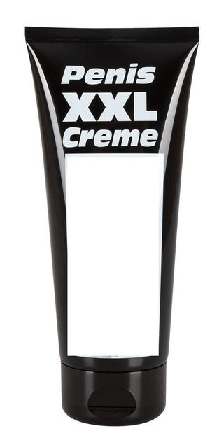 En svart tub märkt Penis XXL Creme har en tom vit rektangel i mitten, vilket främjar ökat blodflöde och starkare erektioner för förbättrad prestanda.