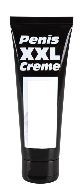 Svart rör av Penis XXL Creme, lovande kraftigare erektion, har ett tomt vitt utrymme på framsidan.