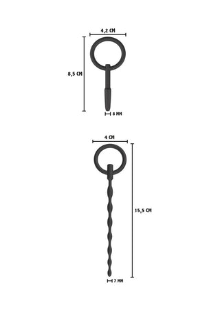 Penisplug-setet innehåller två svarta spiralverktyg med ringar på toppen för stimulering, mått i centimeter.