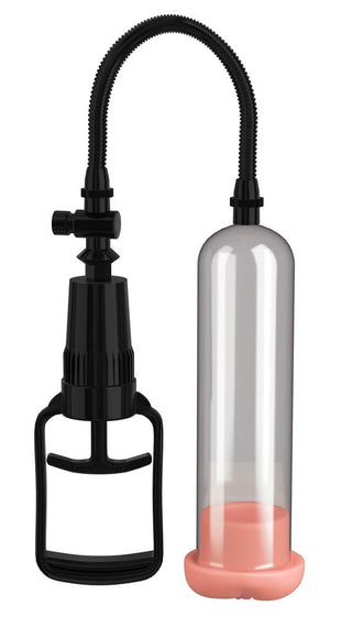 Penispump Med Lösvagina - 22 cm är en elegant, svart och transparent manuell penispump med en flexibel slang och handtag för en anpassningsbar upplevelse.