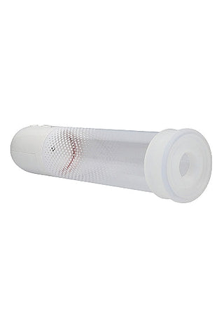 En vit cylindrisk plastbehållare, som liknar Automatisk Luv Penispump Vit, har en perforerad mittsektion och runda lock i båda ändar.