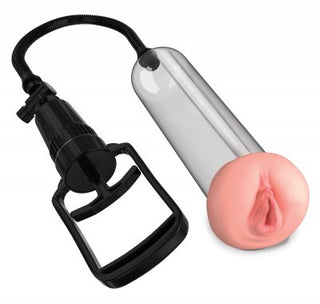 Penispump Med Lösvagina - 22 cm är en manuell penispump med ett svart handtag, genomskinlig cylinder och silikonhylsa utformad för att förbättra erektionen.