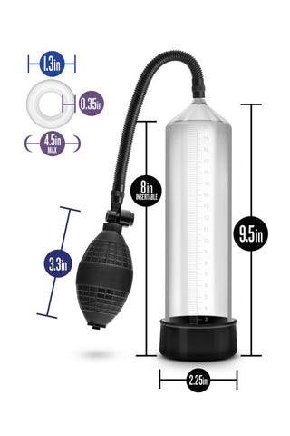 Utforska Penispump Performance VX101, utformad för att förbättra styrkan med sitt 9,5 tums rör och 2,25 tum i diameter. Den innehåller en pumplampa och ringtillbehör för optimal prestanda och ökad storlek.