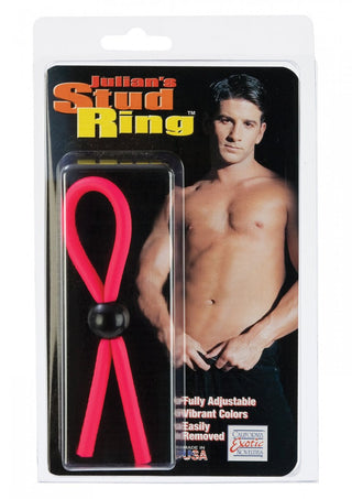 Förpackning med en rosa justerbar ring märkt "Penisring - CEN - Stud Ring" och med en manlig modell utan bar överkropp på kortet bakom.