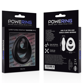 Power Ring Double Penisring, tillverkad av kroppssäkert silikon, har en elegant förpackning med produktdetaljer på engelska och spanska. Dess svarta silikondesign erbjuder en bekväm passform och pålitlig hållbarhet.