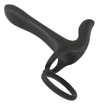 Penisring Couples Vibrator är en svart silikonenhet med ett ergonomiskt handtag och dubbla cirkulära öglor.