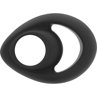Power Ring Double Penisring är ett svart ergonomiskt cirkulärt föremål gjord av kroppssäkert silikon, designad med ett öppet centrum och ett böjt handtag för bättre användbarhet.