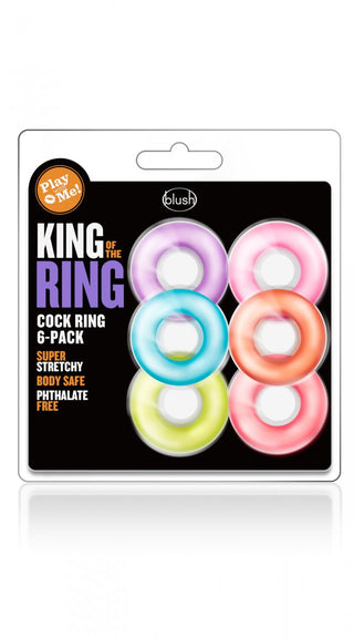 Penisringar 6-Pack I Olika Färger från Blush har sex färgglada ringar märkta King of the Ring, gjorda av TPE för att säkerställa starkare erektioner genom livfull design och förbättrade prestandafördelar.