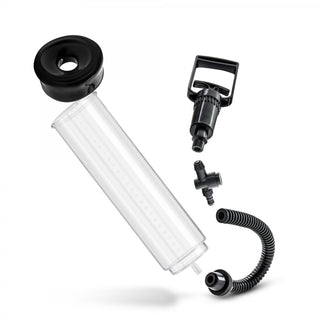 Demonterad Performance VX3 penispump med en transparent cylinder, handtag, slang och gummitätning.