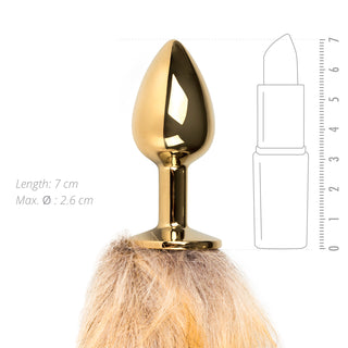 Utforska EasyToys Buttplug Med Svans - Liten, en lyxig guldplugg med en fluffig svans. Perfekt för husdjurslek, den mäter 7 cm i längd och 2,6 cm i diameter, och erbjuder en diskret storlek jämförbar med en läppstiftsteckning.