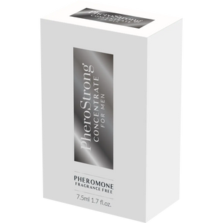 Vit rektangulär låda, vit bakgrund, svart text; märkt PheroStrong Feromonkoncentrat för Män, parfymfri formula, 7,5ml.