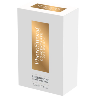 Vit rektangulär ruta med texten PheroStrong Feromonkoncentrat för Kvinnor, parfymfri formula, 7,5ml (1,7 fl. oz.).